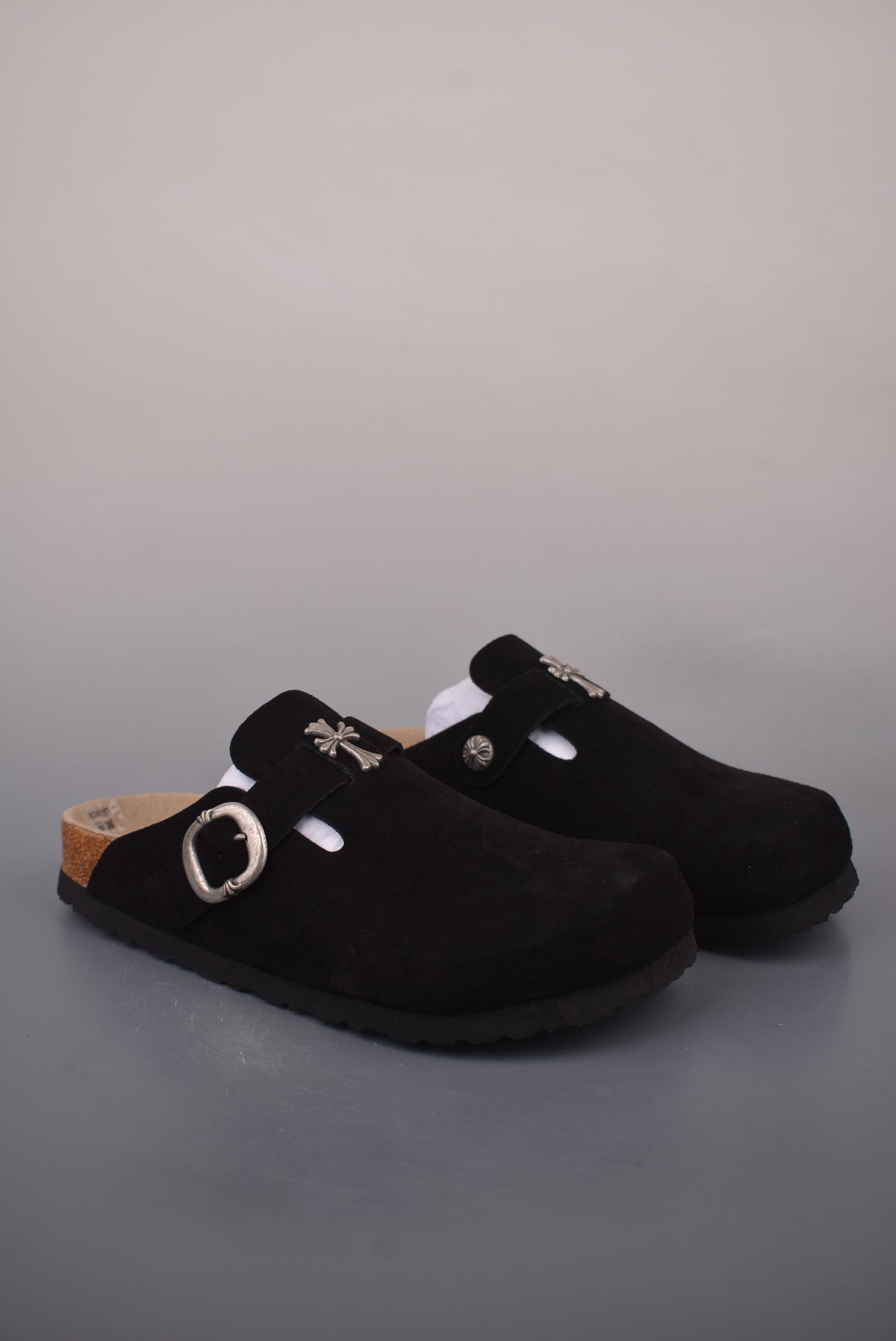 Chrome Hearts x Birkenstock Boston Suede Mules "Black / Sterling Silver"