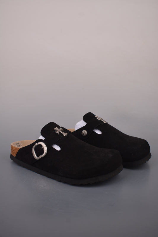 Chrome Hearts x Birkenstock Boston Suede Mules "Black / Sterling Silver"